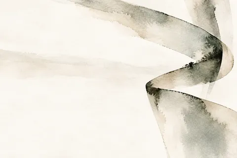 A ribbon shape folding back on itself in white, cream, gray; landscape artwork.
