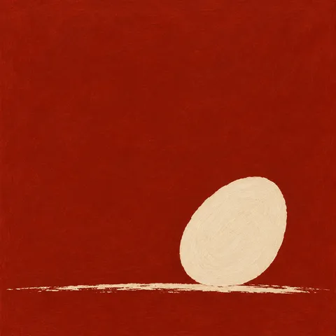 An egg shape resting on a line in rust, blush; square artwork.