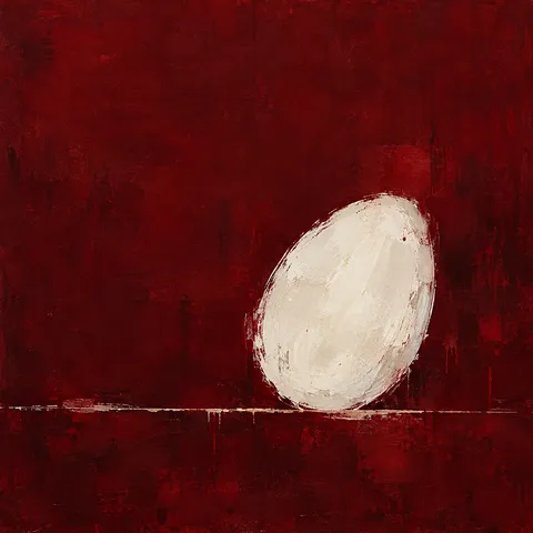 An egg shape resting on a line in burgundy, black, taupe; square artwork.