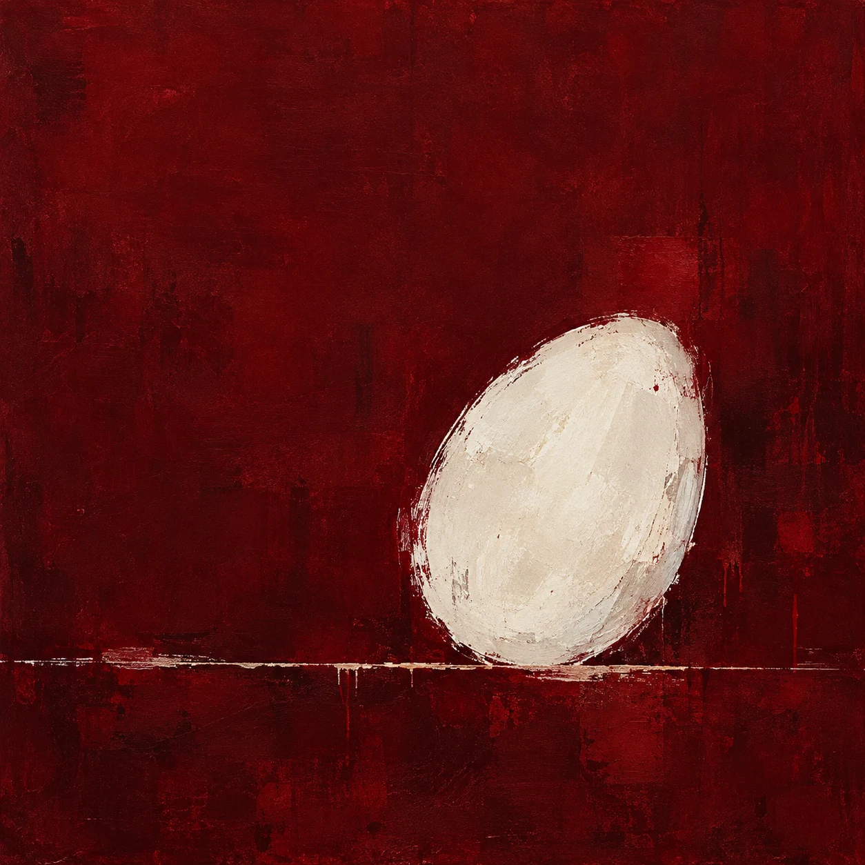 An egg shape resting on a line in burgundy, black, taupe; square artwork.