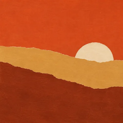 A torn-paper horizon in three bands in red, rust, blush, orange; square artwork.