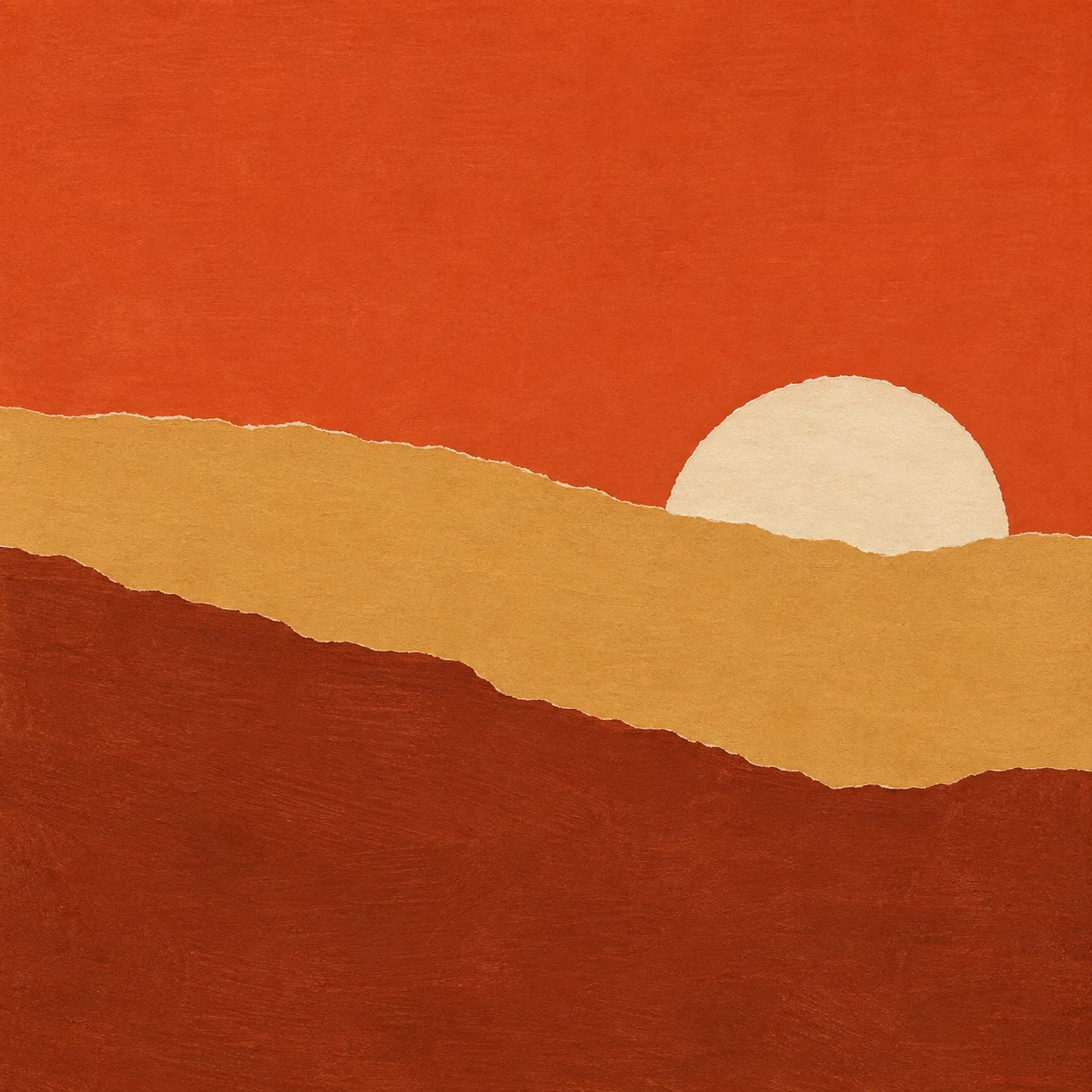 A torn-paper horizon in three bands in red, rust, blush, orange; square artwork.