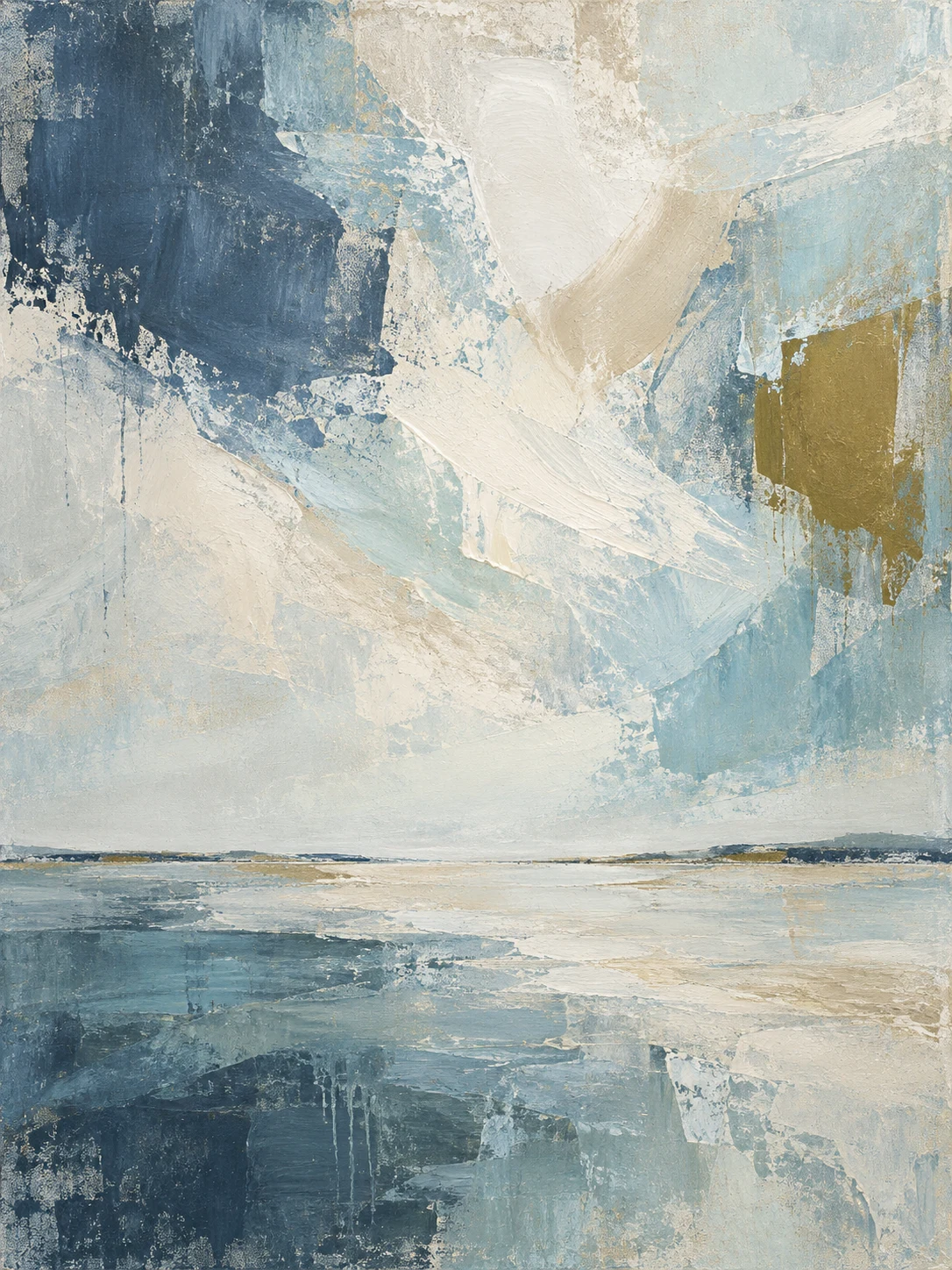 Two pools of color bleeding into each other in stone, cream, gray, green; portrait artwork.