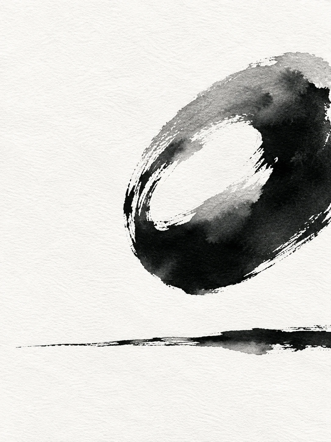 One large oval floating above a thin line in white, black, gray; portrait artwork.