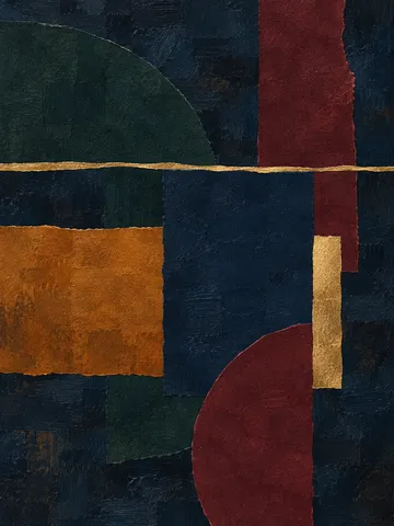 A thin gold-brass line across a dark field in black, burgundy, rust; portrait artwork.