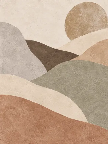 Layered hills reduced to flat curves in cream, ochre, sand, gray; portrait artwork.