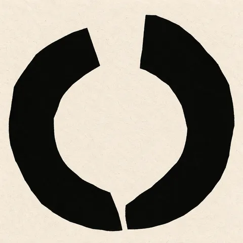 A broken circle with a gap at the top in white, black; square artwork.