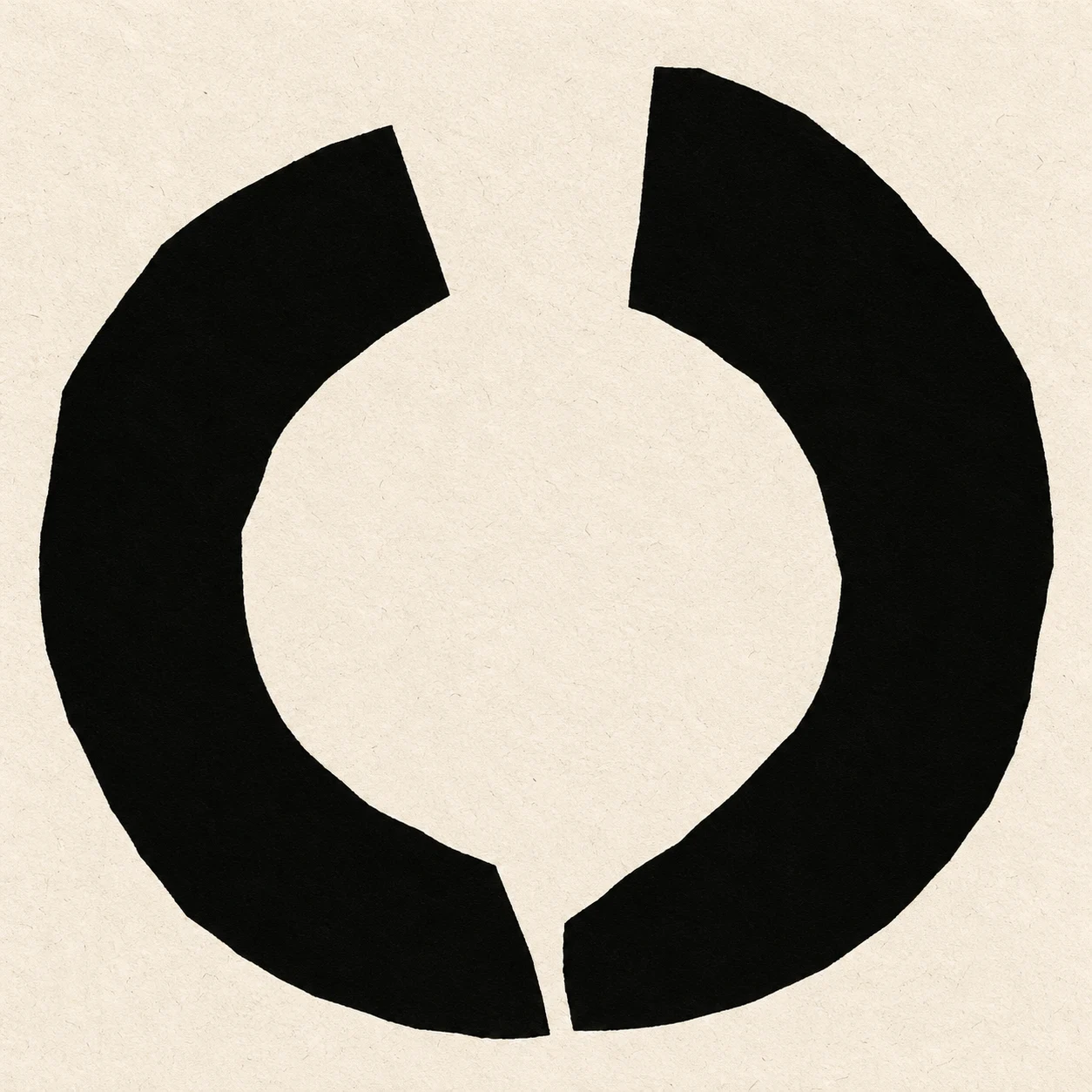 A broken circle with a gap at the top in white, black; square artwork.