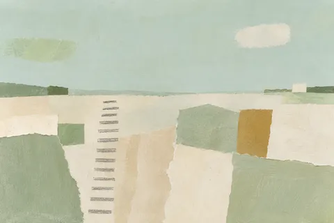 A ladder of short horizontal strokes in stone, cream, sage; landscape artwork.