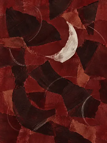 Scattered crescents of different weights in black, burgundy, rust; portrait artwork.