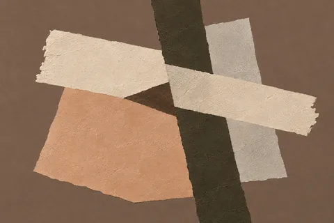 A tilted cross of two brush marks in olive, blush, stone, charcoal; landscape artwork.