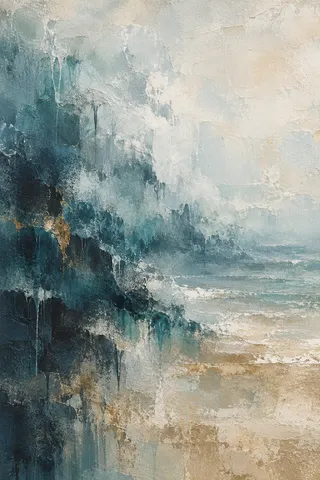 A drifting veil of thin washes in cream, gray, stone, navy; portrait artwork.
