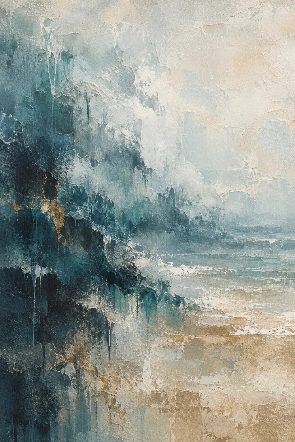 A drifting veil of thin washes in cream, gray, stone, navy; portrait artwork.