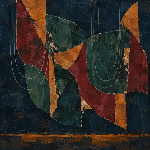 Nested U shapes in black, burgundy, rust, charcoal; square artwork.