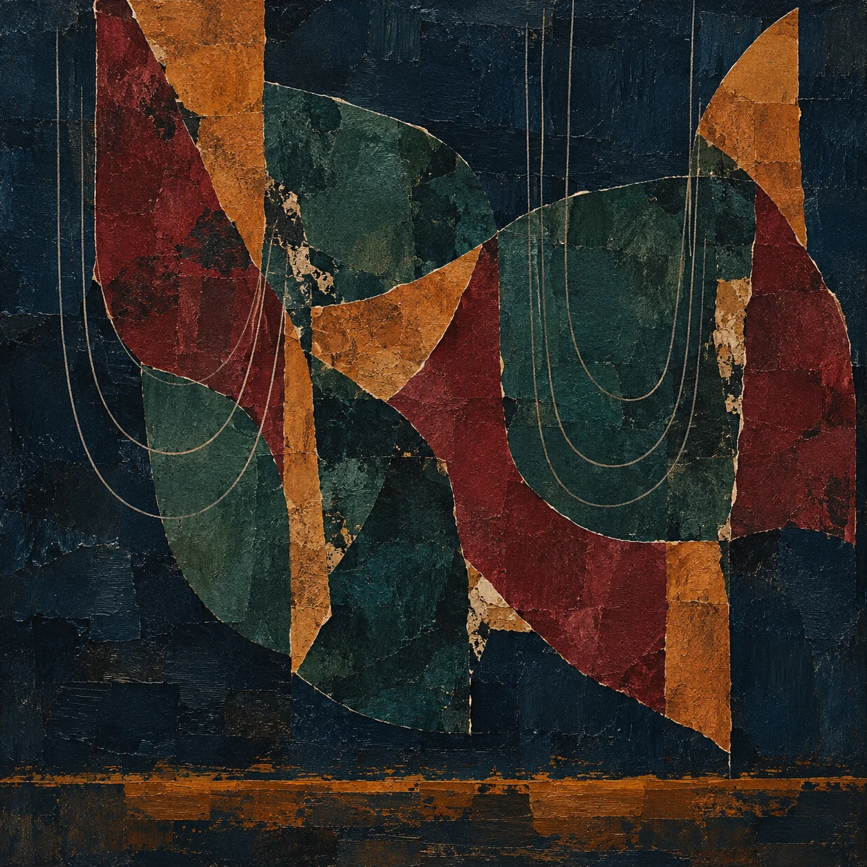 Nested U shapes in black, burgundy, rust, charcoal; square artwork.