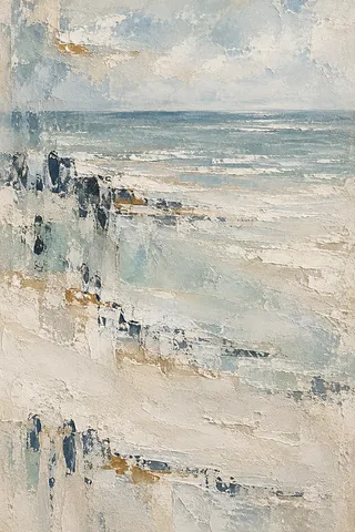A single horizon line set very high in the field in stone, cream, gray; portrait artwork.