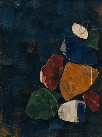 A cluster of pebble shapes gathered in one corner in black, olive; portrait artwork.