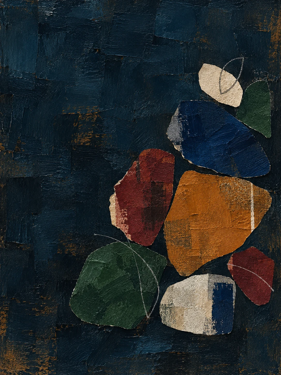 A cluster of pebble shapes gathered in one corner in black, olive; portrait artwork.