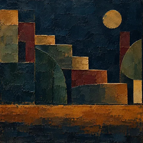 A stepped form like a quiet staircase in black, brown, burgundy, olive; square artwork.