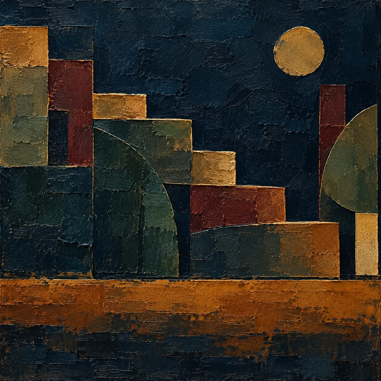 A stepped form like a quiet staircase in black, brown, burgundy, olive; square artwork.