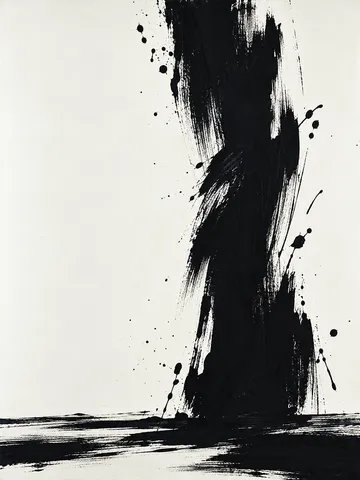 A single brushstroke column set off-center in white, black, charcoal, cream; portrait artwork.