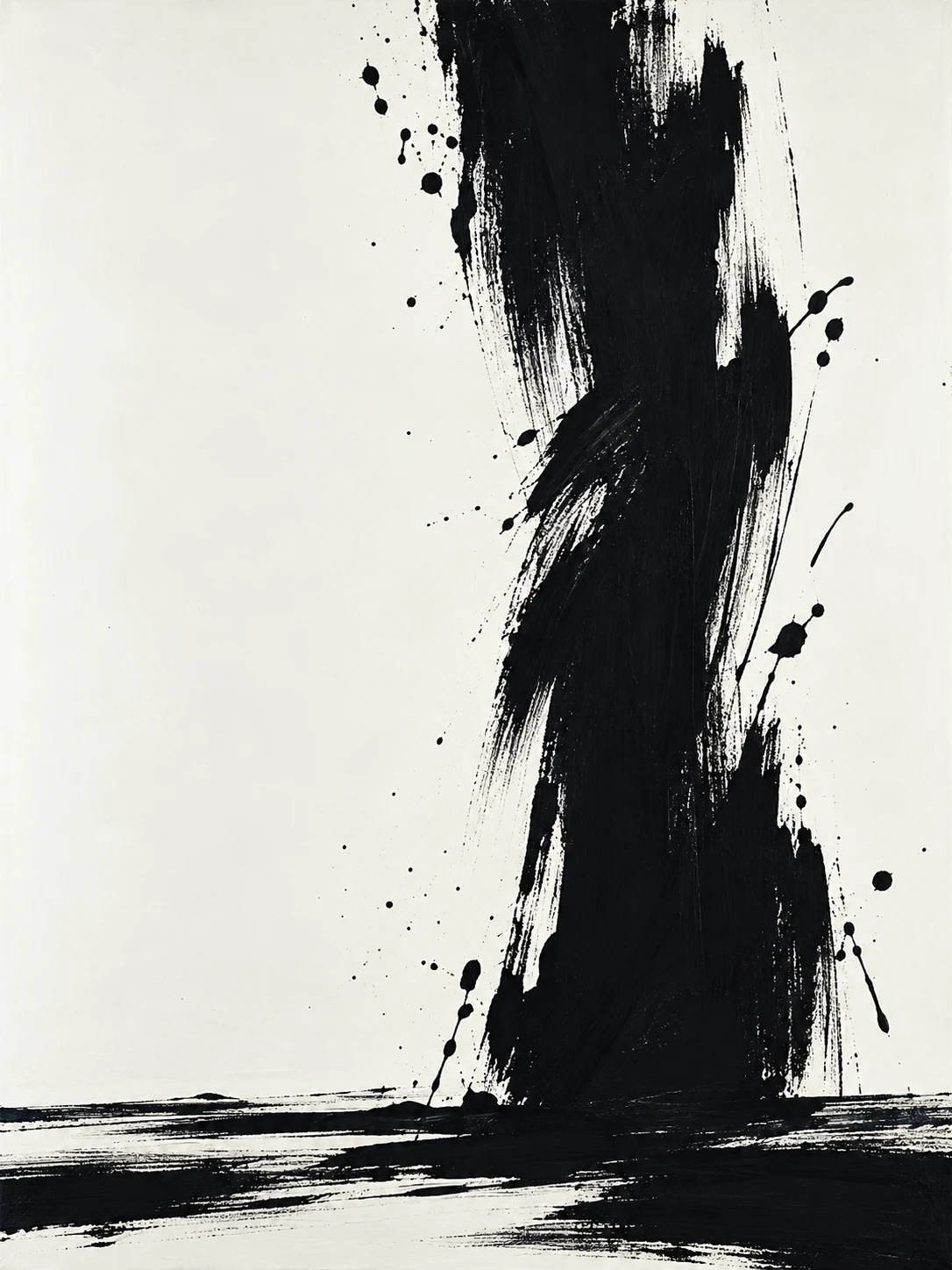 A single brushstroke column set off-center in white, black, charcoal, cream; portrait artwork.