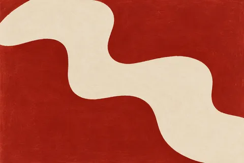 A single wide brushstroke crossing the field diagonally in cream, rust, red; landscape artwork.