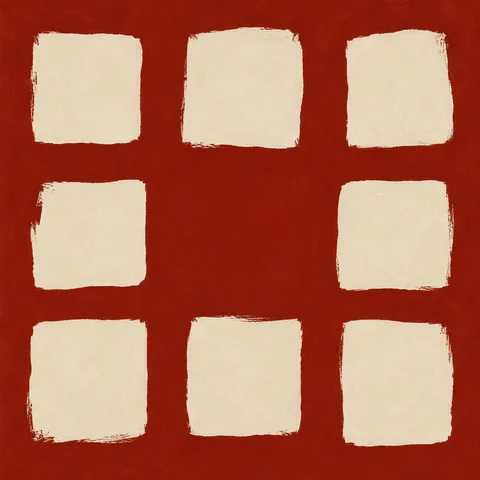 A loose grid of soft squares with one missing in rust, cream, terracotta; square artwork.