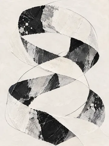 A ribbon shape folding back on itself in cream, white, black, stone; portrait artwork.
