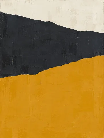 A torn-paper horizon in three bands in orange, black, cream, charcoal; portrait artwork.
