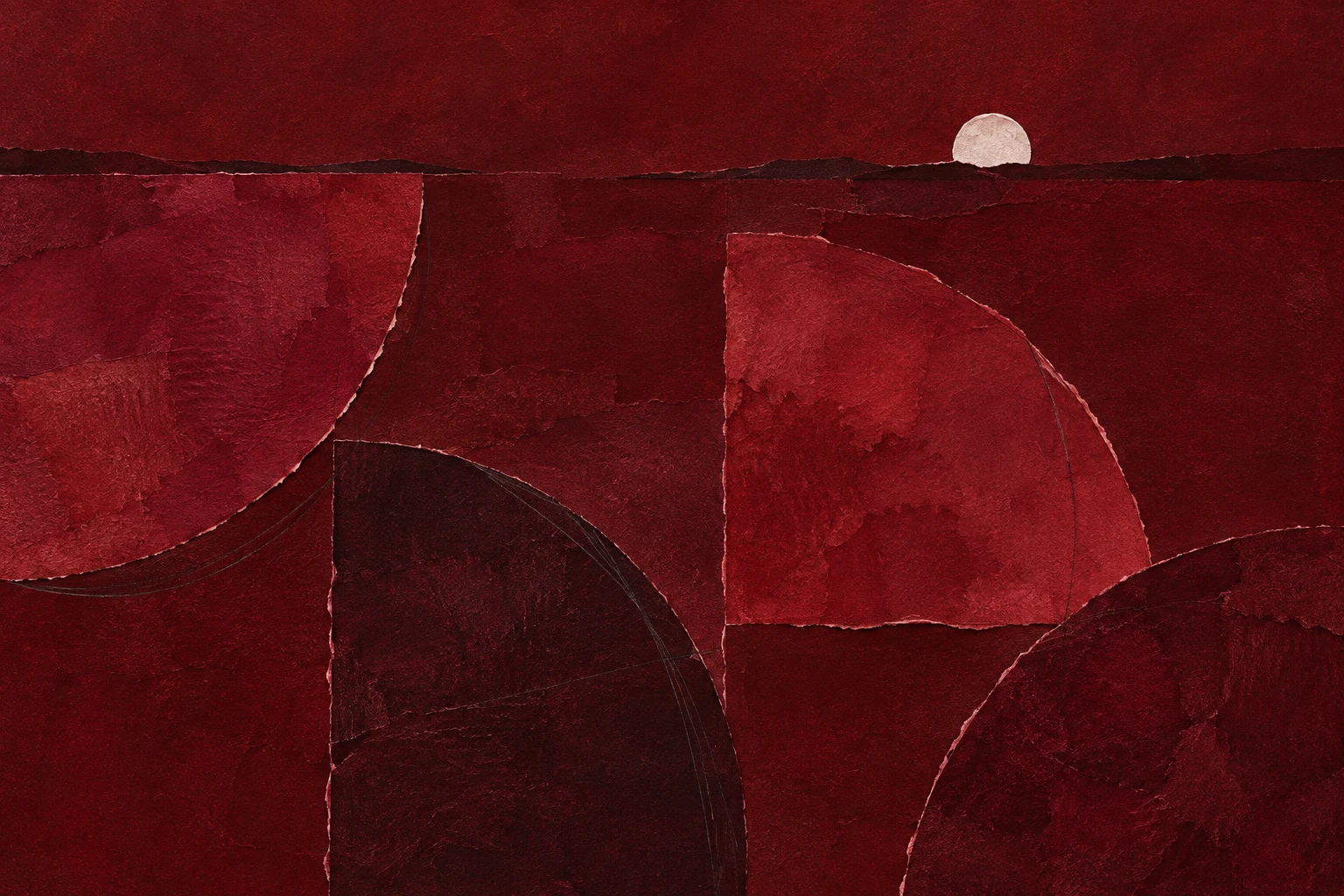 Four quarter-circles turned different ways in burgundy, black; landscape artwork.