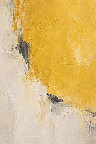 A keyhole shape in a broad field in yellow, cream, stone; portrait artwork.