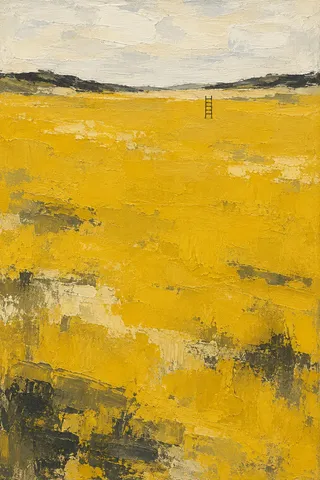 A ladder of short horizontal strokes in yellow, ochre, cream, olive; portrait artwork.