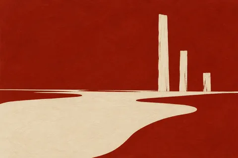 Three vertical bars of unequal height in rust, cream; landscape artwork.
