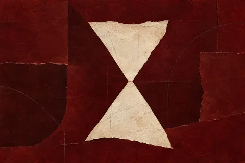 An hourglass of two soft triangles in burgundy, black, sand; landscape artwork.