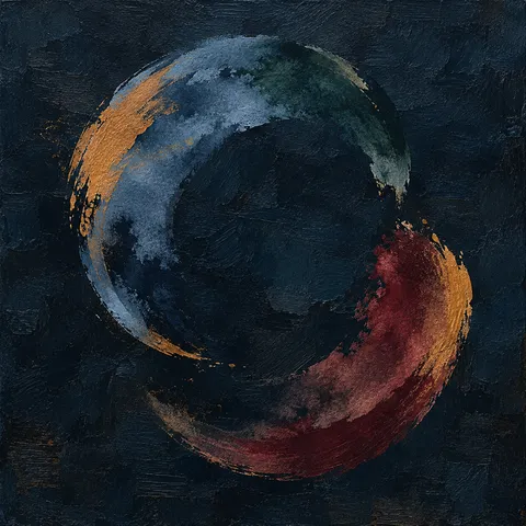 Two overlapping arcs that almost close into a circle in black, charcoal; square artwork.
