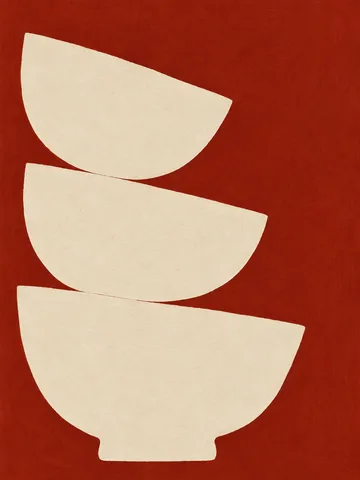 Three stacked bowls drawn as flat shapes in rust, cream; portrait artwork.
