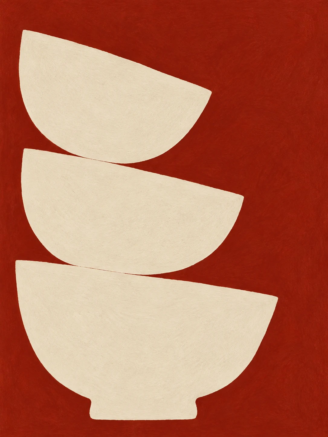 Three stacked bowls drawn as flat shapes in rust, cream; portrait artwork.