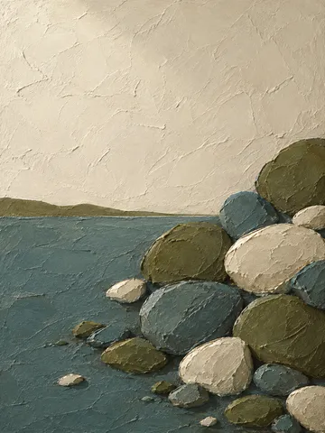 A cluster of pebble shapes gathered in one corner in charcoal, cream, stone, sand; portrait artwork.