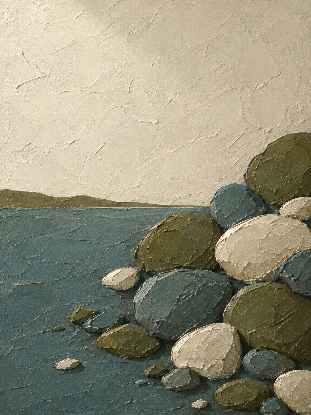 A cluster of pebble shapes gathered in one corner in charcoal, cream, stone, sand; portrait artwork.