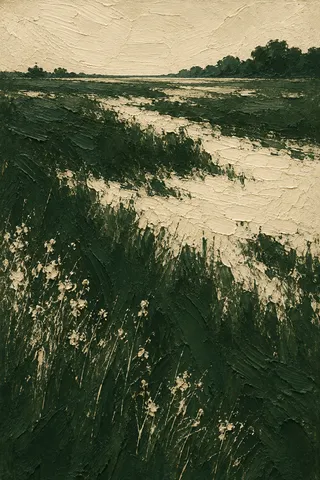 A single horizon line set very high in the field in forest green, black, cream, charcoal; portrait artwork.