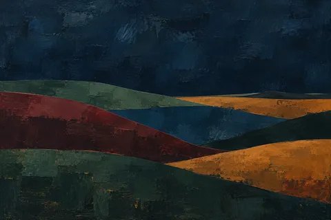 Layered hills reduced to flat curves in black, navy, brown; landscape artwork.