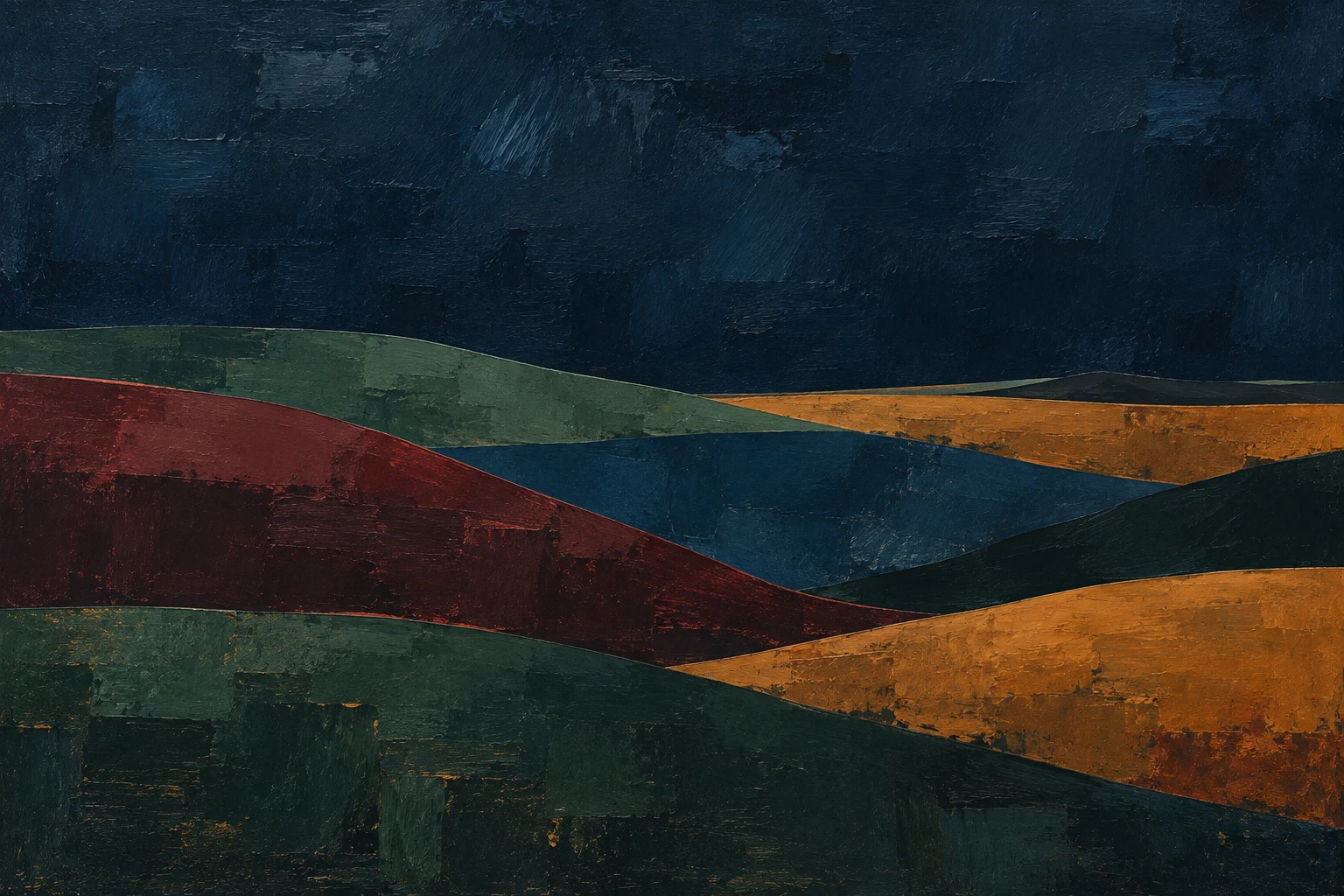 Layered hills reduced to flat curves in black, navy, brown; landscape artwork.