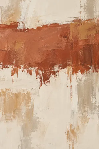 A wide band with a frayed lower edge in cream, terracotta, sand, stone; portrait artwork.