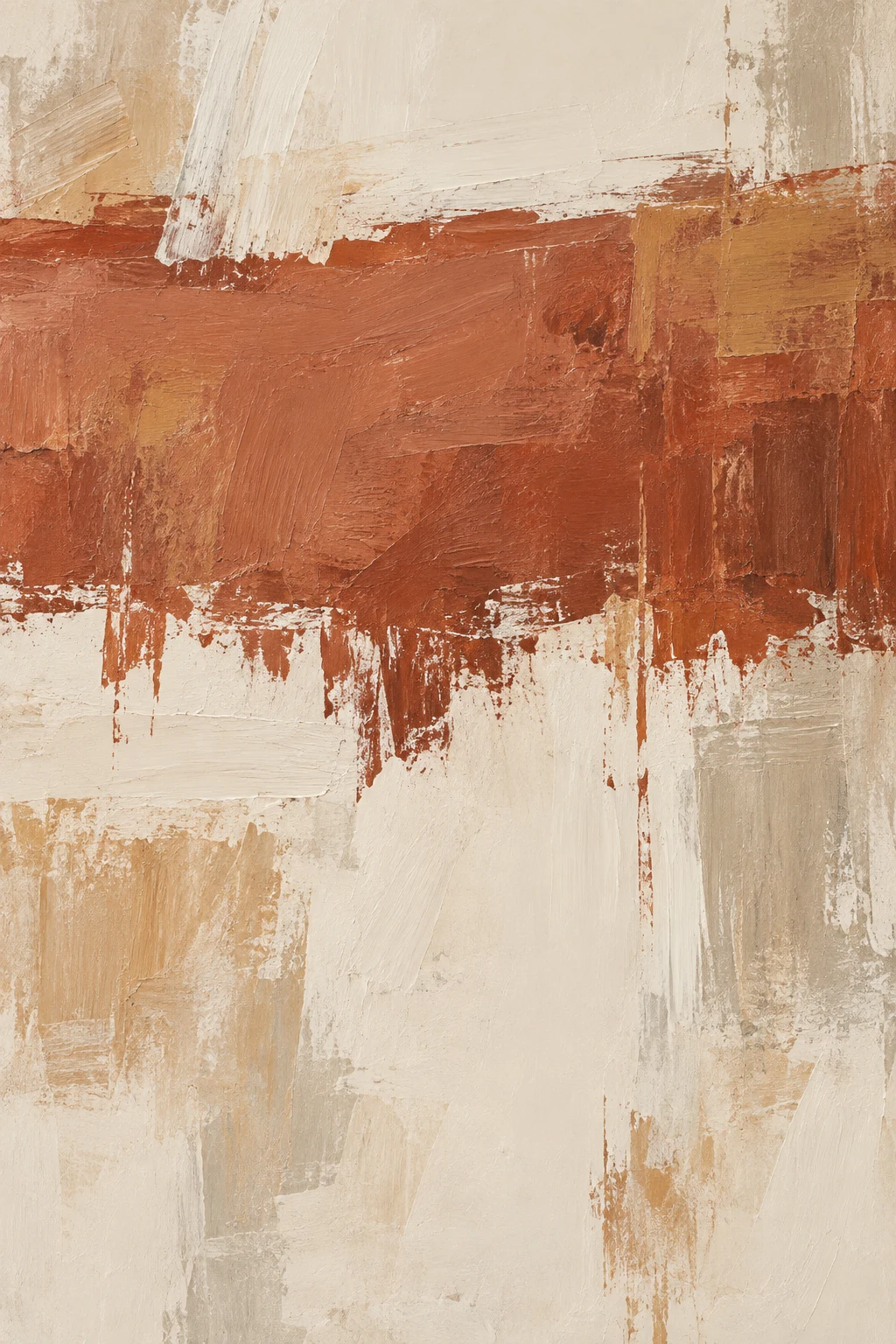 A wide band with a frayed lower edge in cream, terracotta, sand, stone; portrait artwork.