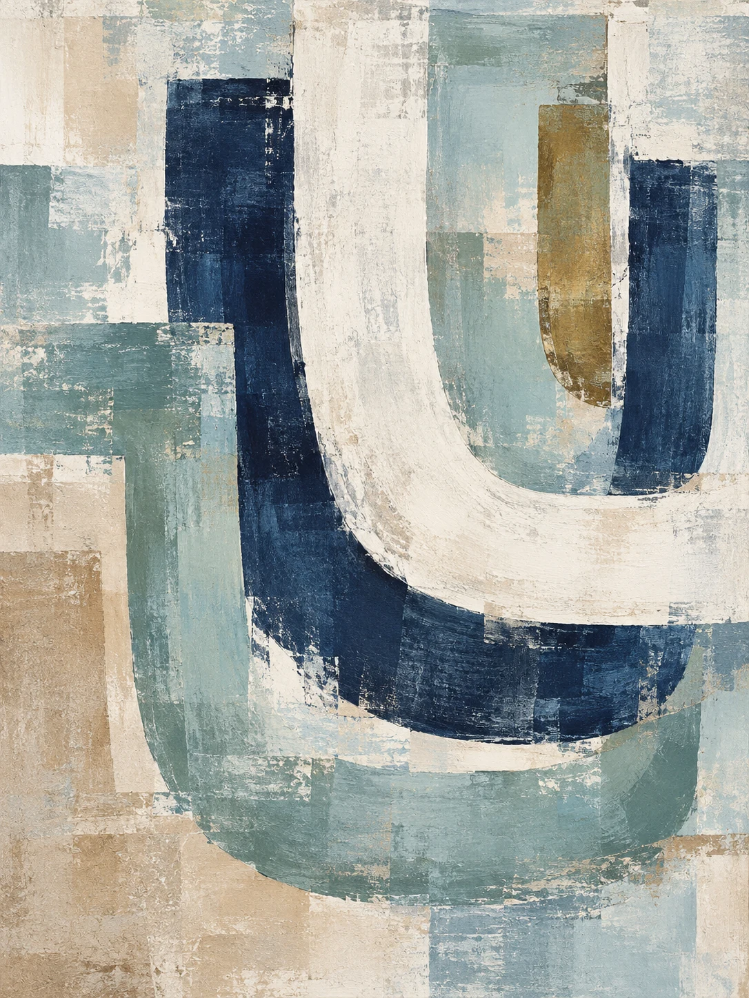 Nested U shapes in cream, stone, gray, navy; portrait artwork.