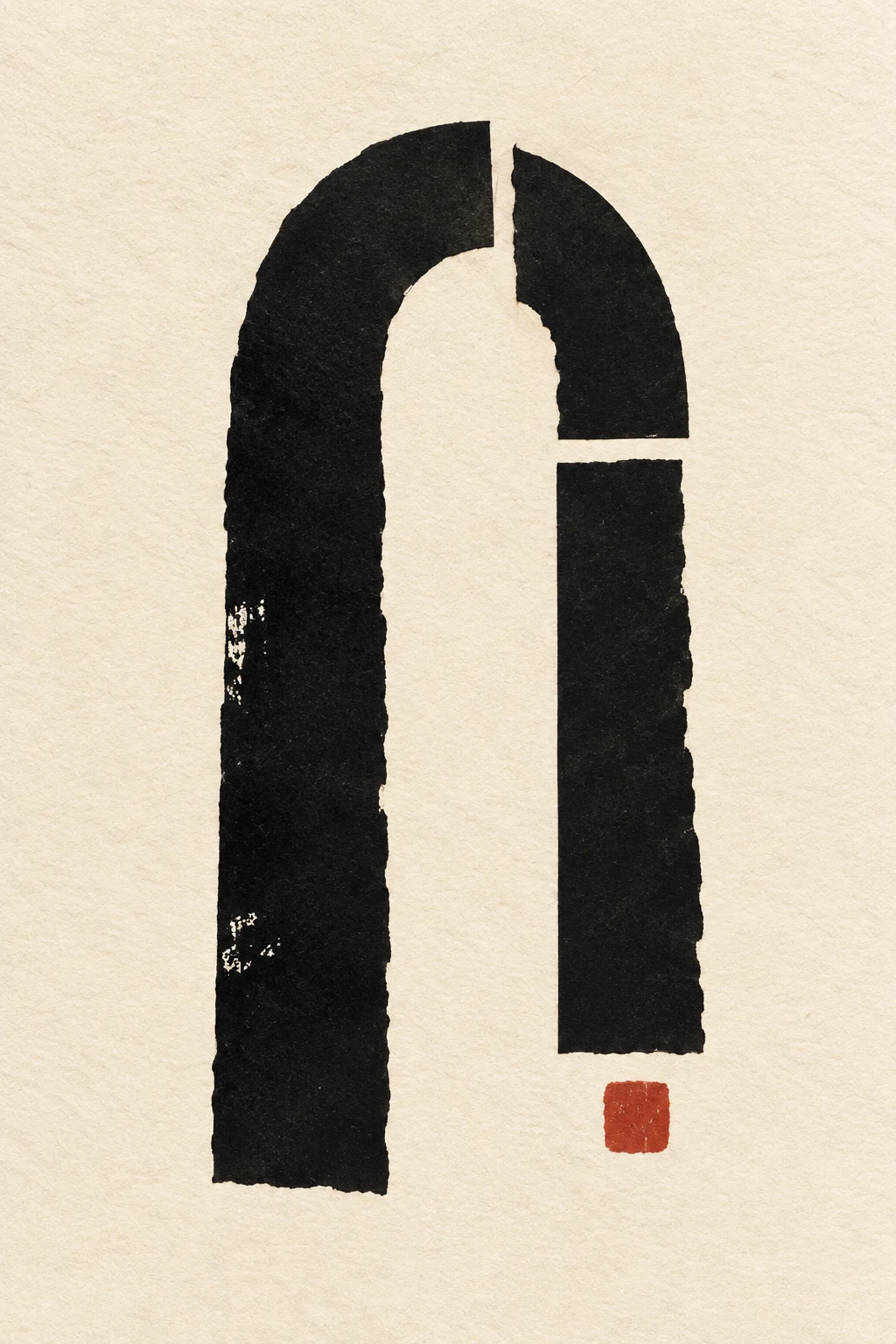 One tall arch pressed into the surface in cream, black; portrait artwork.