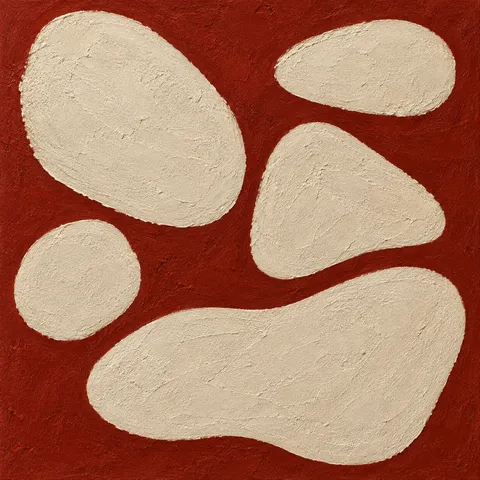 A cluster of five soft pebble shapes in stone, burgundy, rust; square artwork.