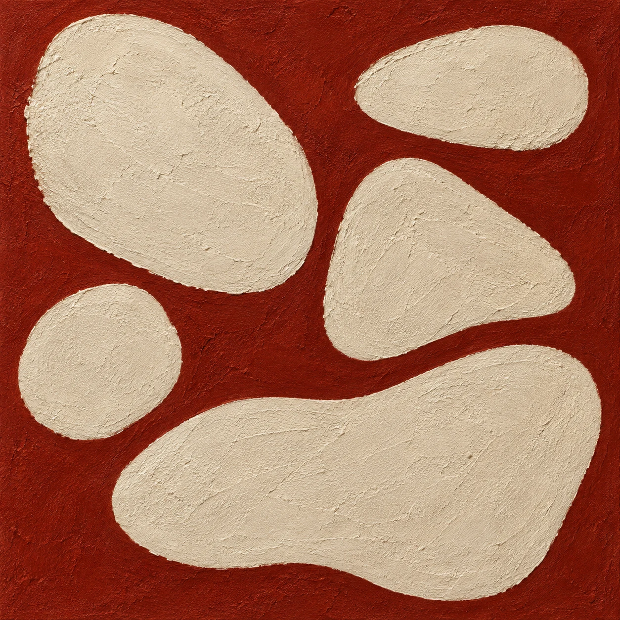 A cluster of five soft pebble shapes in stone, burgundy, rust; square artwork.