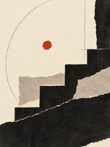 A stepped form like a quiet staircase in cream, black; portrait artwork.